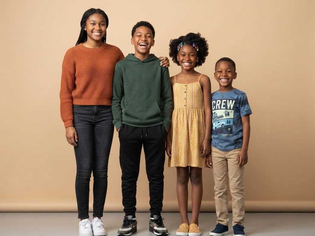 Four children of different ages standing shoulder to shoulder in a studio, smiling, tallest to smallest.