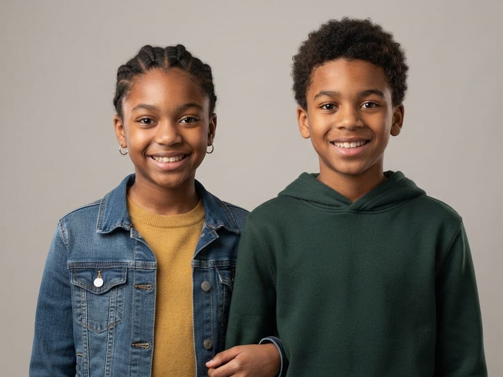 Two children of about eleven or twelve standing side by side, smiling at the camera.