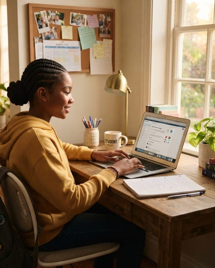 A teenage girl working at a laptop at a desk by a sunlit window, with an open notebook and a mug beside her.